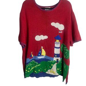Quacker Factory Size 3X Short Sleeve Knit Sweater Nautical Light House Red Boats